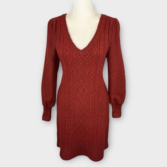 LOFT Red Maternity Puff Sleeve Cable Sweater Dress S Wool Bodycon V-neck NWT - Picture 10 of 10